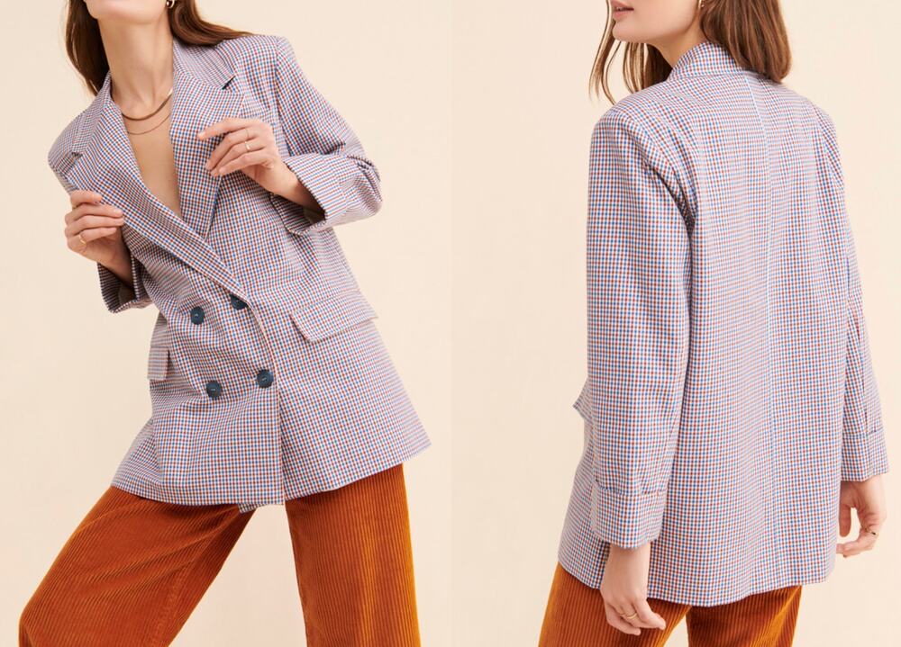 Rita Row Camelia Blazer Denim Houndstooth Notch Lapel Double Breasted M Medium